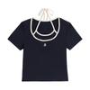 Chuyu Women's Nautical Anchor Embroidered Slim Fit Faux Two-Piece Short Sleeve T-Shirt