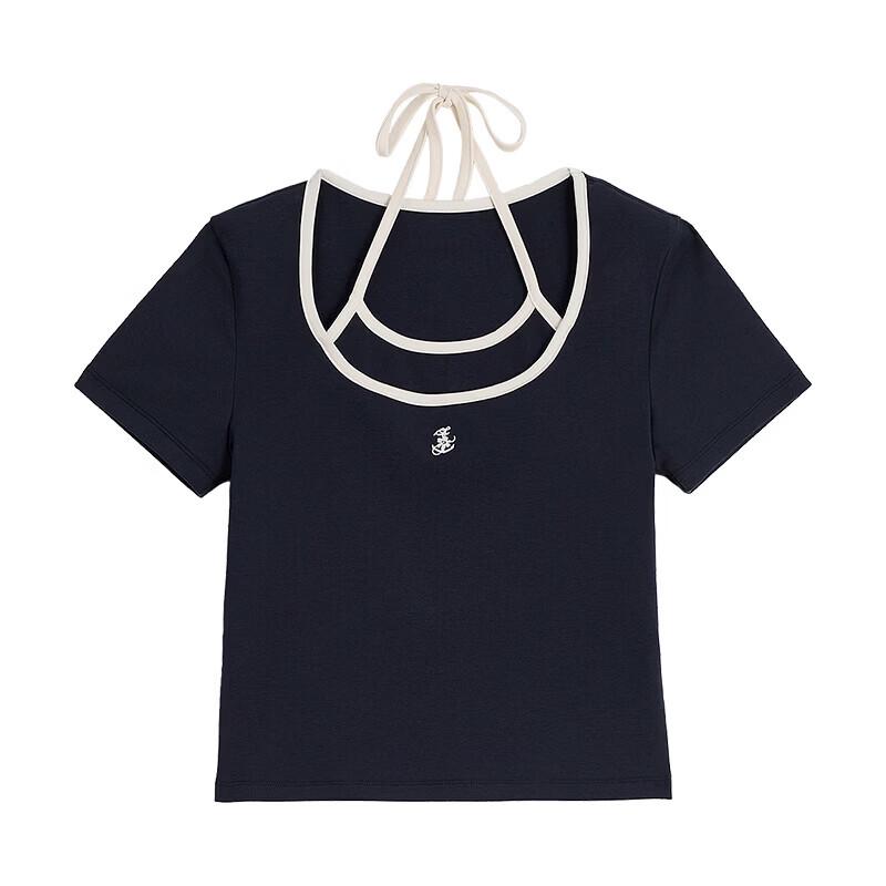 Chuyu Women's Nautical Anchor Embroidered Slim Fit Faux Two-Piece Short Sleeve T-Shirt