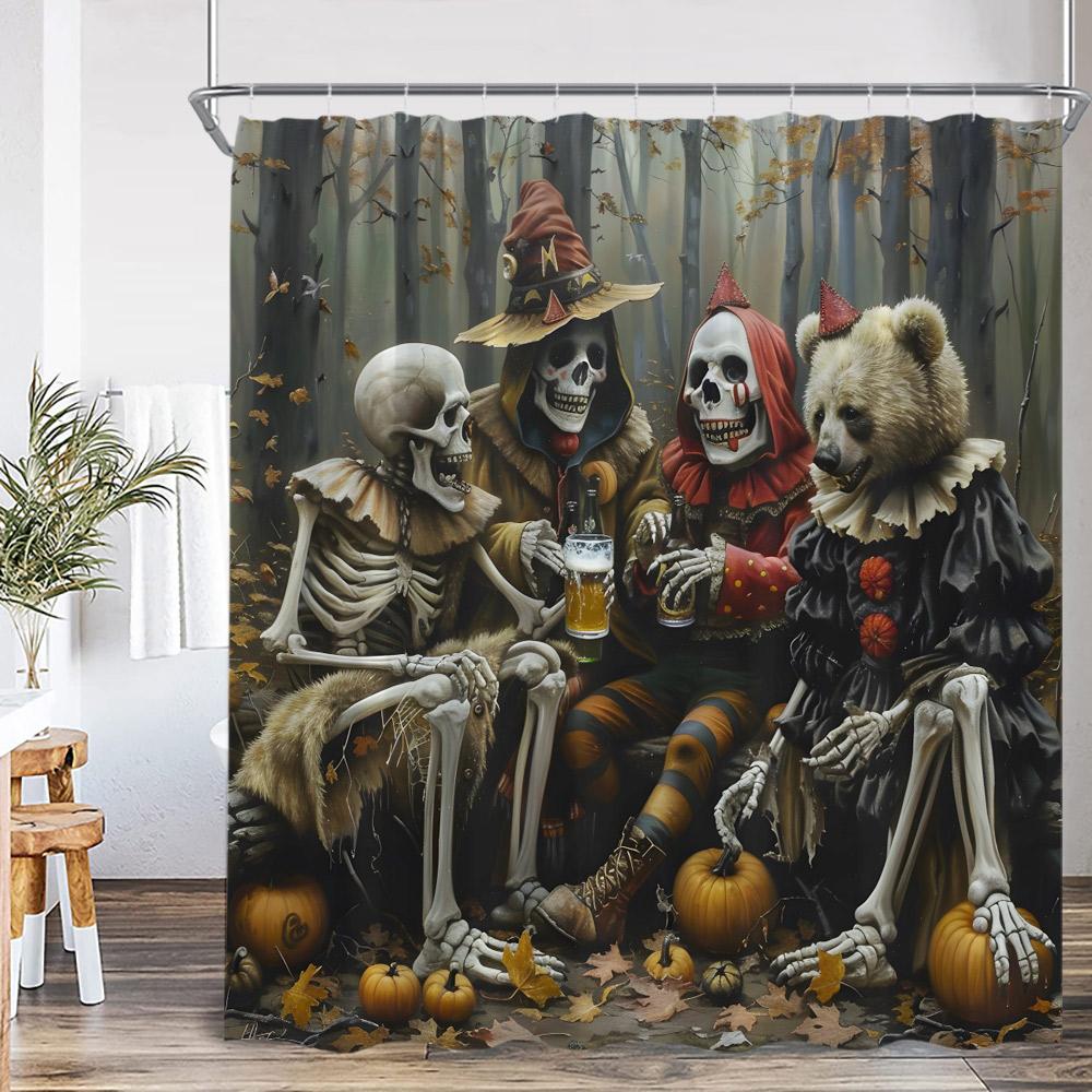 Funny Skeleton Shower Curtain Skull Happy Halloween Vintage Bathoom Decor Scary Retro Polyester Bath Curtain with Hook