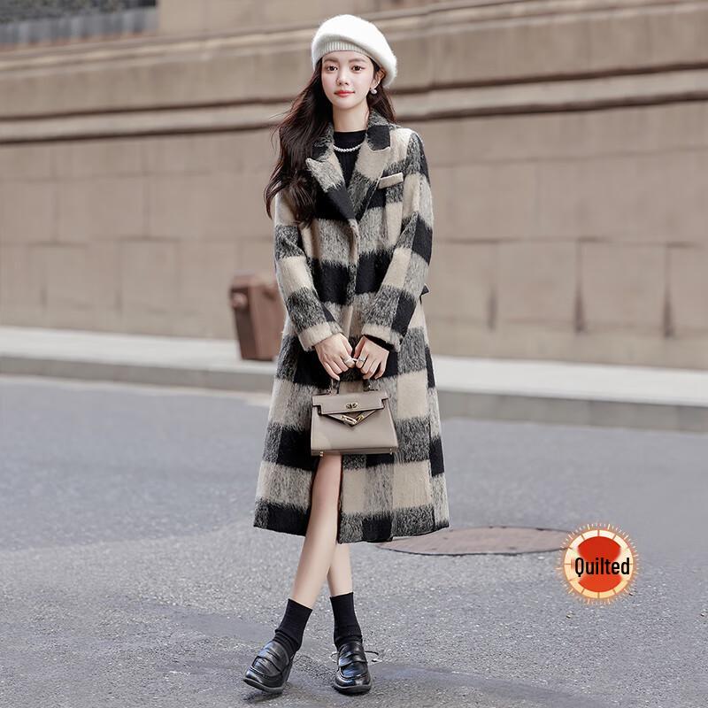 

Women s Hepburn Style Thickened Plaid Mid-Length Wool Blend Coat M