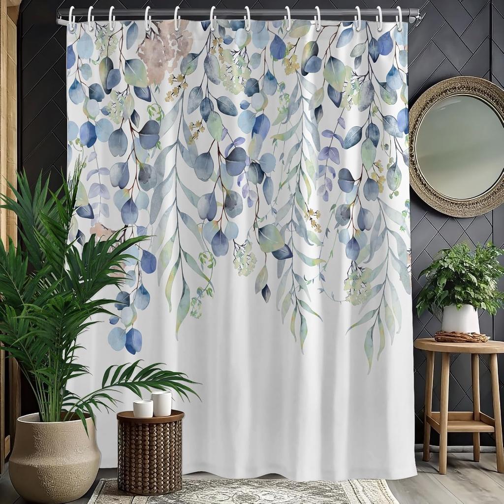 Rustic Brown Leaf Shower Curtain with Hooks, Watercolor Botanical Eucalyptus Bathroom Decor, Boho Farmhouse Waterproof Polyester