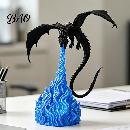 Flying Dragon Ornament 3D Printed Fire-Breathing Statue, Mystical Figurine with Flame Base, Fantasy Desktop Decor for Bookshelf, Gaming Room
