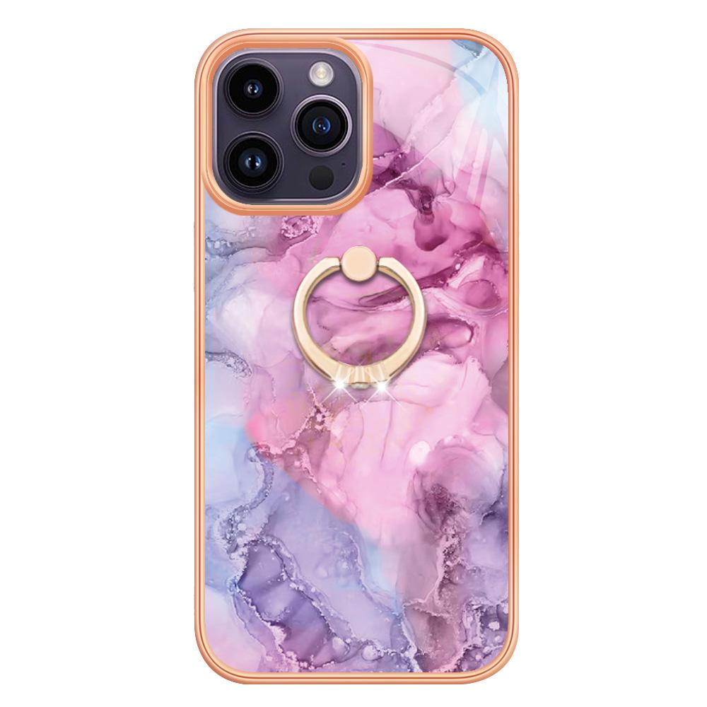 YB IMD Series-17 Style-E for iPhone 15 Pro Max Ring Kickstand 2.0mm TPU Phone Case IMD Marble Pattern Back Cover