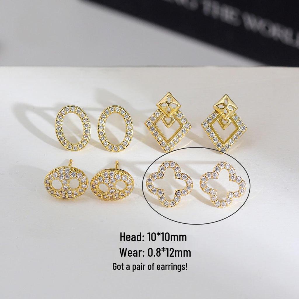 Copper Plated Gold & 925 Silver Geometric Earrings with Zirconium Four-Leaf Clover Design