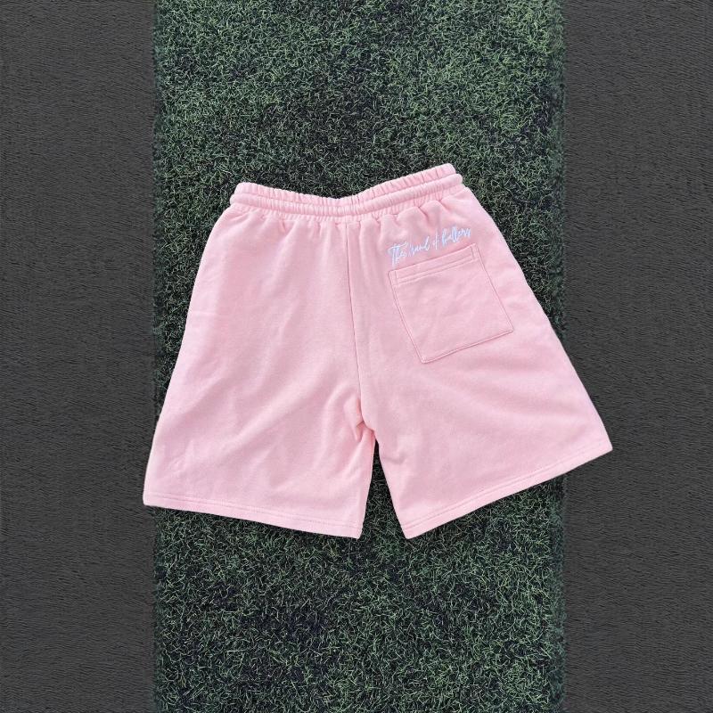 European and American Pink Embroidered Elastic Drawstring Casual Straight Leg Loose Shorts