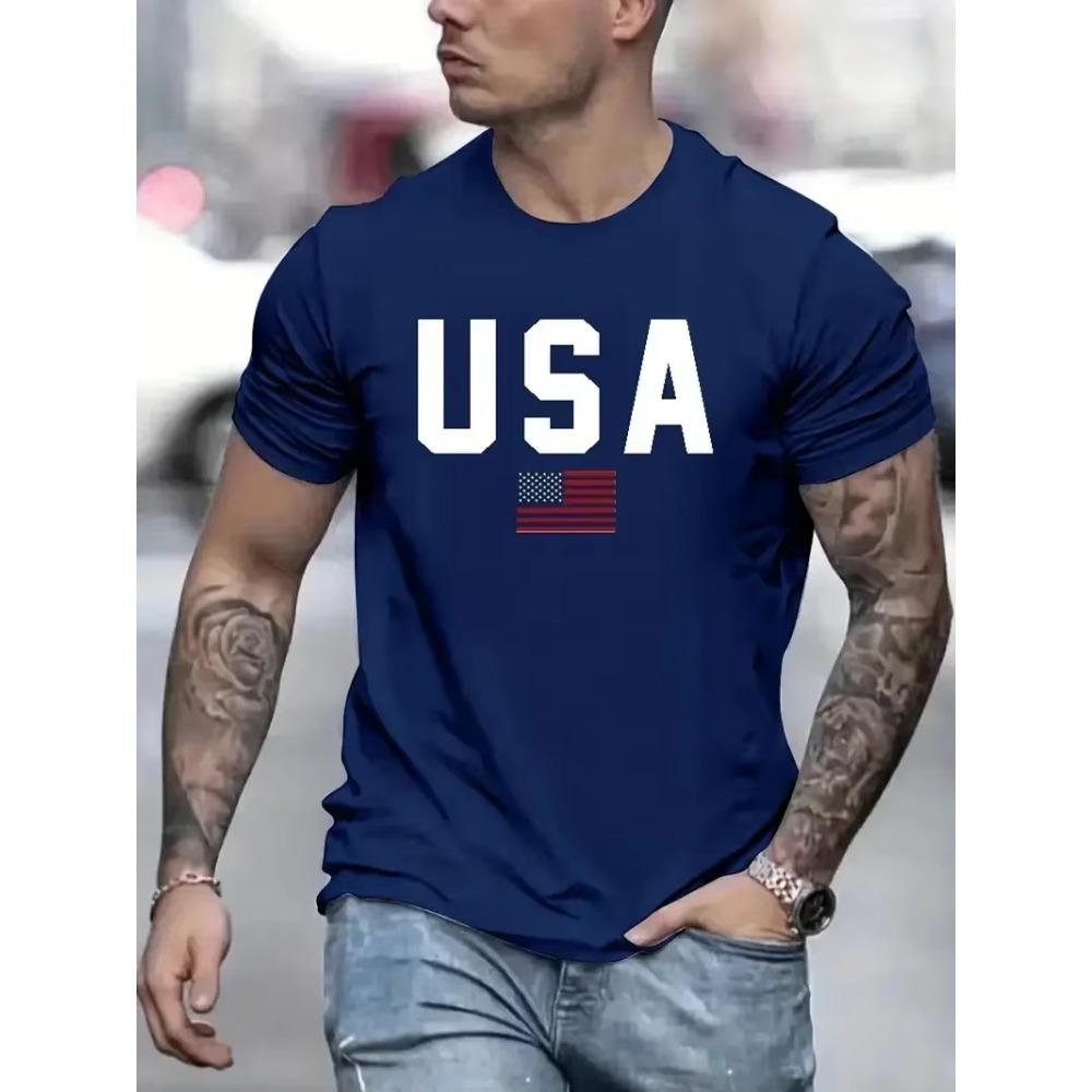 3D tričko s potiskem písmen vlajky USA pro muže Módní trend Streetwear Ležérní s kulatým výstřihem Krátký rukáv Topy Nadměrná trička