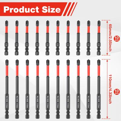 20 Stück 65/110mm Schlagschrauber-Bit-Set 1/4 Zoll Sechskantschaft Schlitzköpfe Magnetisch S2 Stahl Kreuzschlitz Schraubendreher Bohrer