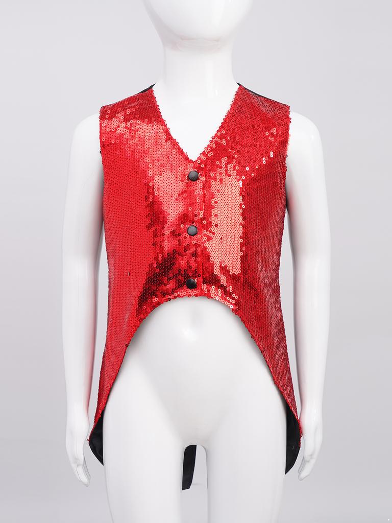 Boys Sparkly Sequin Vest Asymmetrical Hem Sleeveless Design for Parties Stage Events