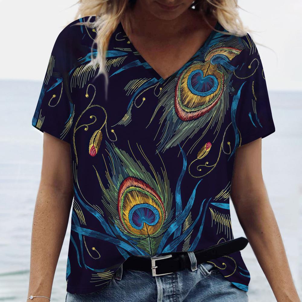 Summer V Neck Women Peacock Feather Graphic Fashion Short Sleeve Harajuku Y2k Top Oversized Casual