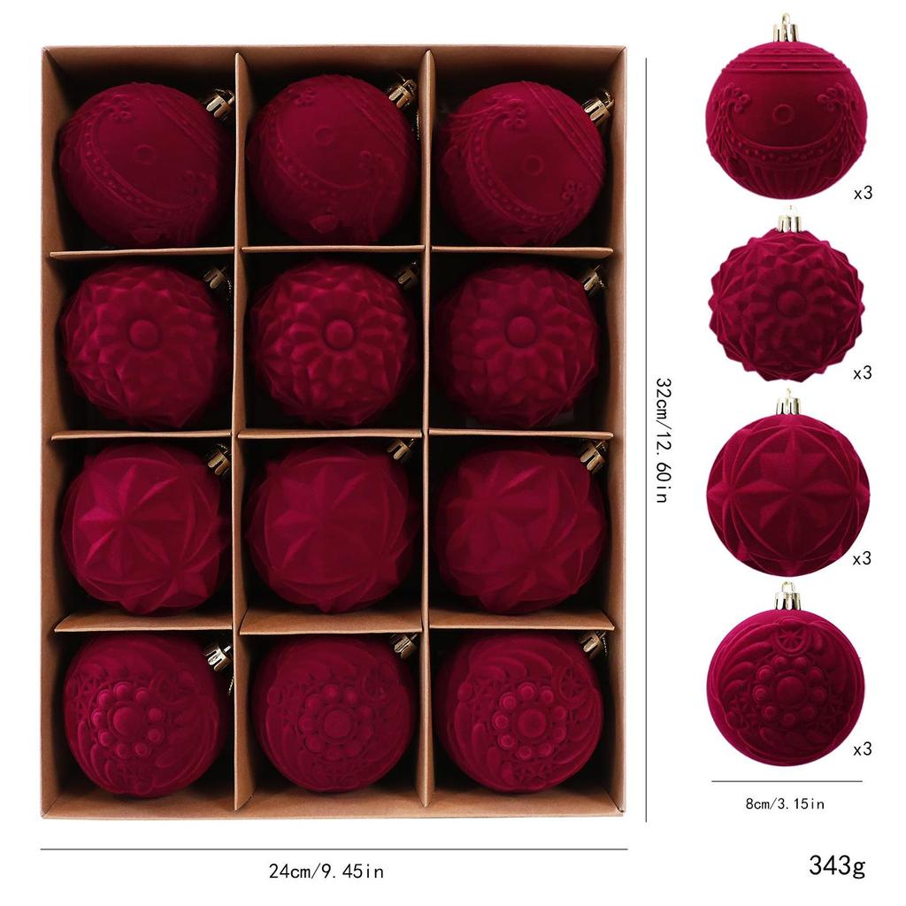 Flocked Velvet Christmas Ball Set - Embossed Decorative Tree Ornaments