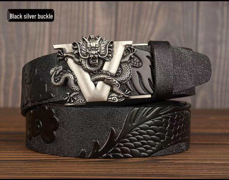 Retro Dragon Carved Pattern Automatic Buckle Leather Belt – Domineering Men's Fashion Accessory