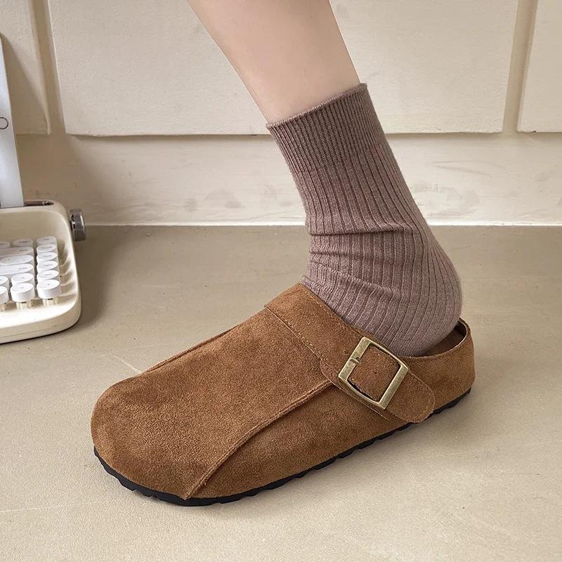 Fashion 2025 Shoes Female Closed Toe Women's Slippers Outdoor Casual Slippers Women Buckle Round Toe Platform Flat with Warm Shoes Women