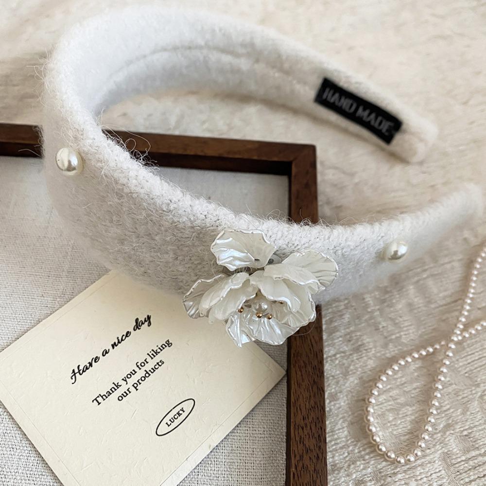 Korean Style Floral Pearl Hair Hoop Exquisite Wide Edge Hairband Flocking Flower Headband  Lady