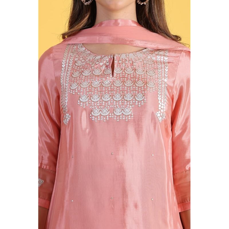 W for Woman Pink Printed Shantung Straight Kurta, Pants and Dupatta Set (Size: M)-WS12305-112668