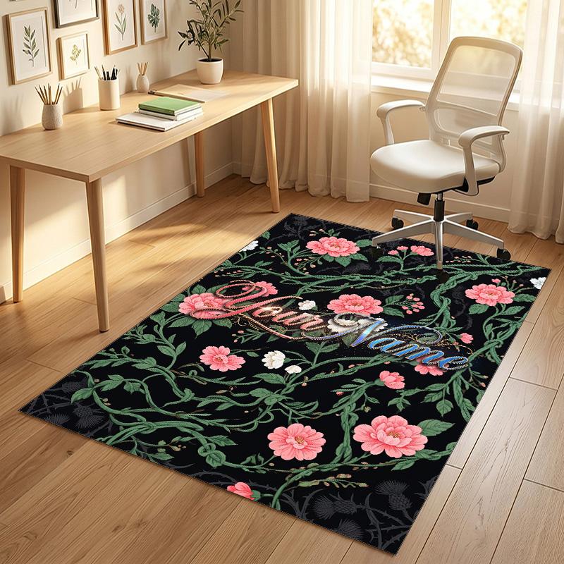 Floral Theme Soft Crystal Velvet Rug Custom Name & Text Print Non Slip Floor Rug for Bedroom Living Room