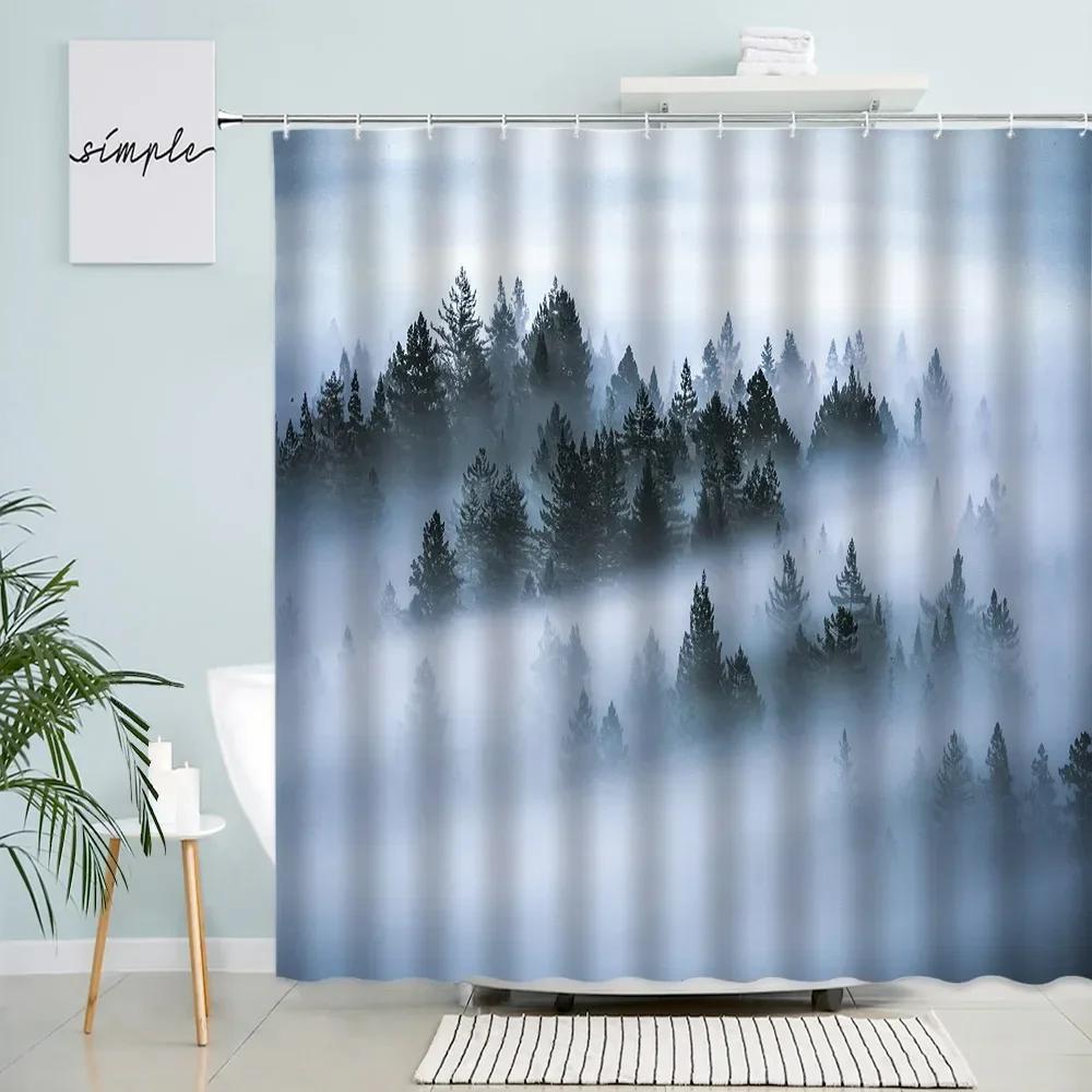 Fog Forest Shower Curtain Mountain Birds Winter Landscape Bath Curtains Modern Rural Nature Scenery Fabric Bathroom Decor Sets