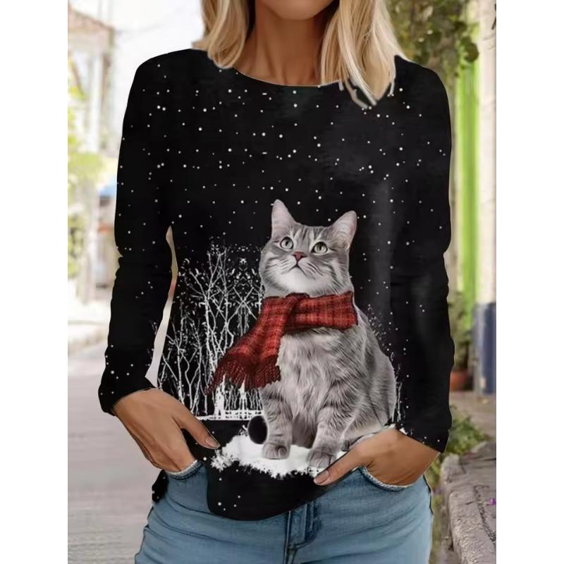 Christmas Women's Long Sleeved T-shirt Casual Holiday Fashion Christmas Cute Cat Holiday Gifts Tops Harajuku Women's Clothing
