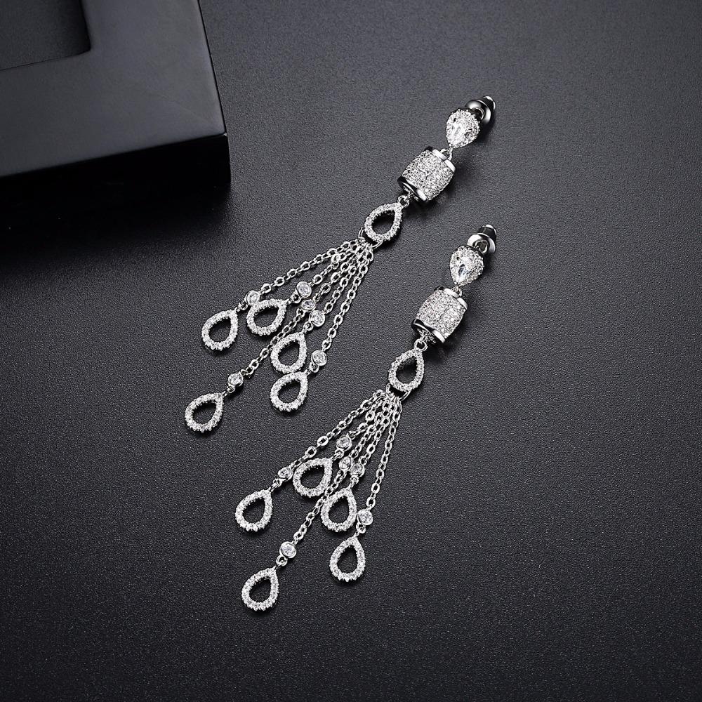 LUOTEEMI Fashion White Gold Color Waterdrop Tassels Dangle Earrings with Tiny Cubic Zirconia Micro Paved Wedding Party Earrings