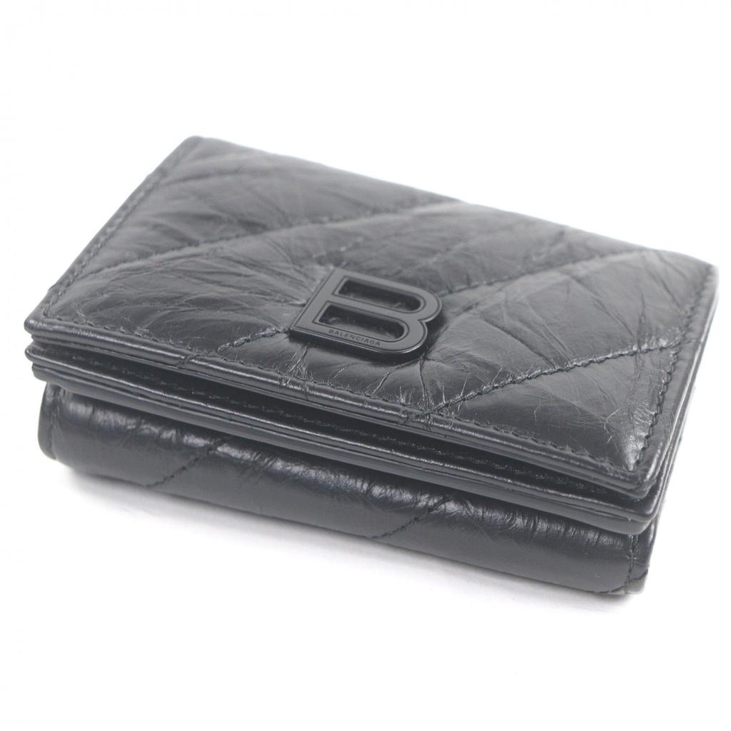 Excellent BALENCIAGA Tri-fold wallet Crush B logo Metal black leather Used