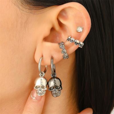 5Pcs/Set Simple Halloween Black Silver Color Skull Drop Earrings Punk Skeleton No Piercing Ear Clip For Women Men Gothic Jewelry