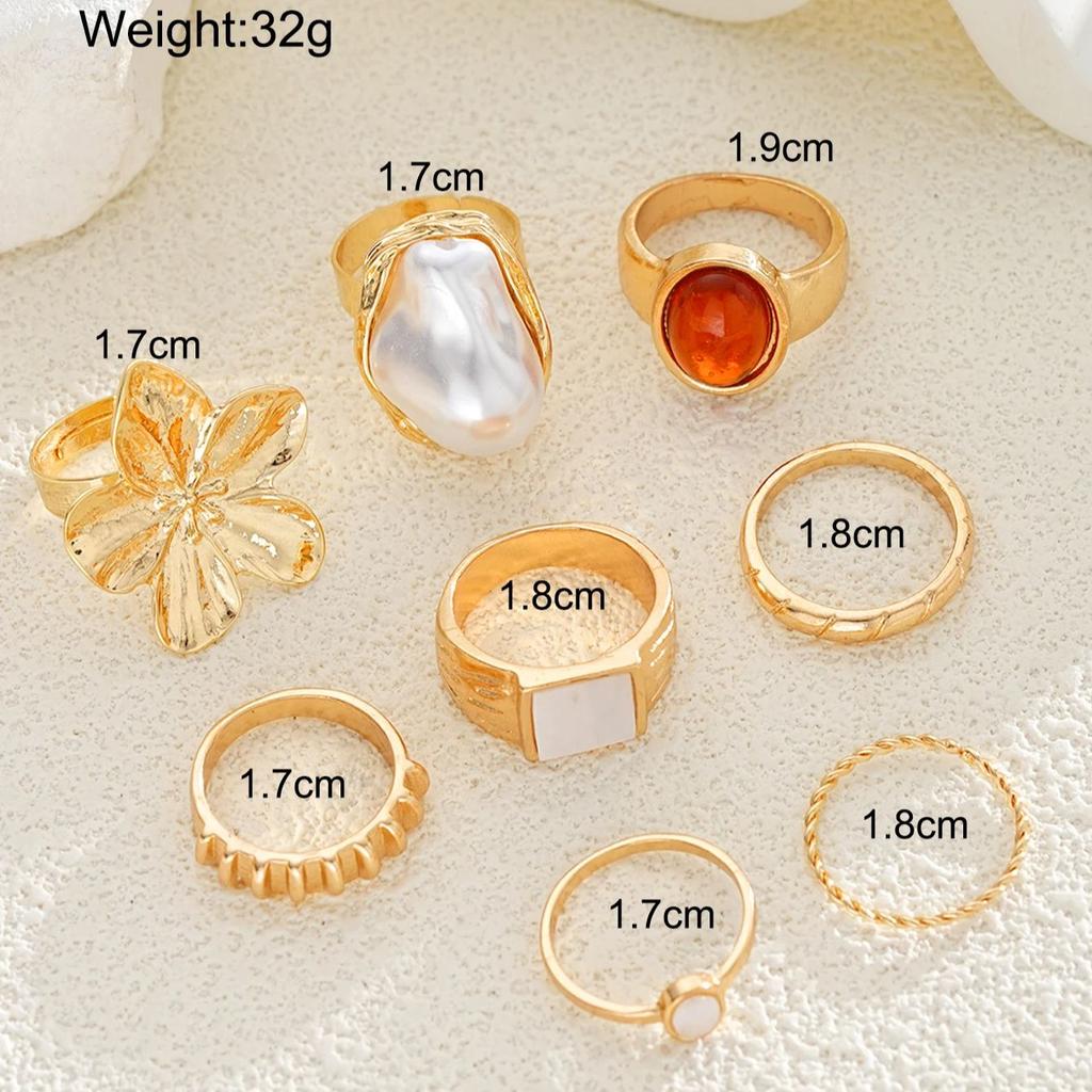 17KM 8 Piece Irregular Flower Ring Set Fashion Jewelry Women Trendy Shiny Daily Party Accessory Decorative Gift Idea For Her