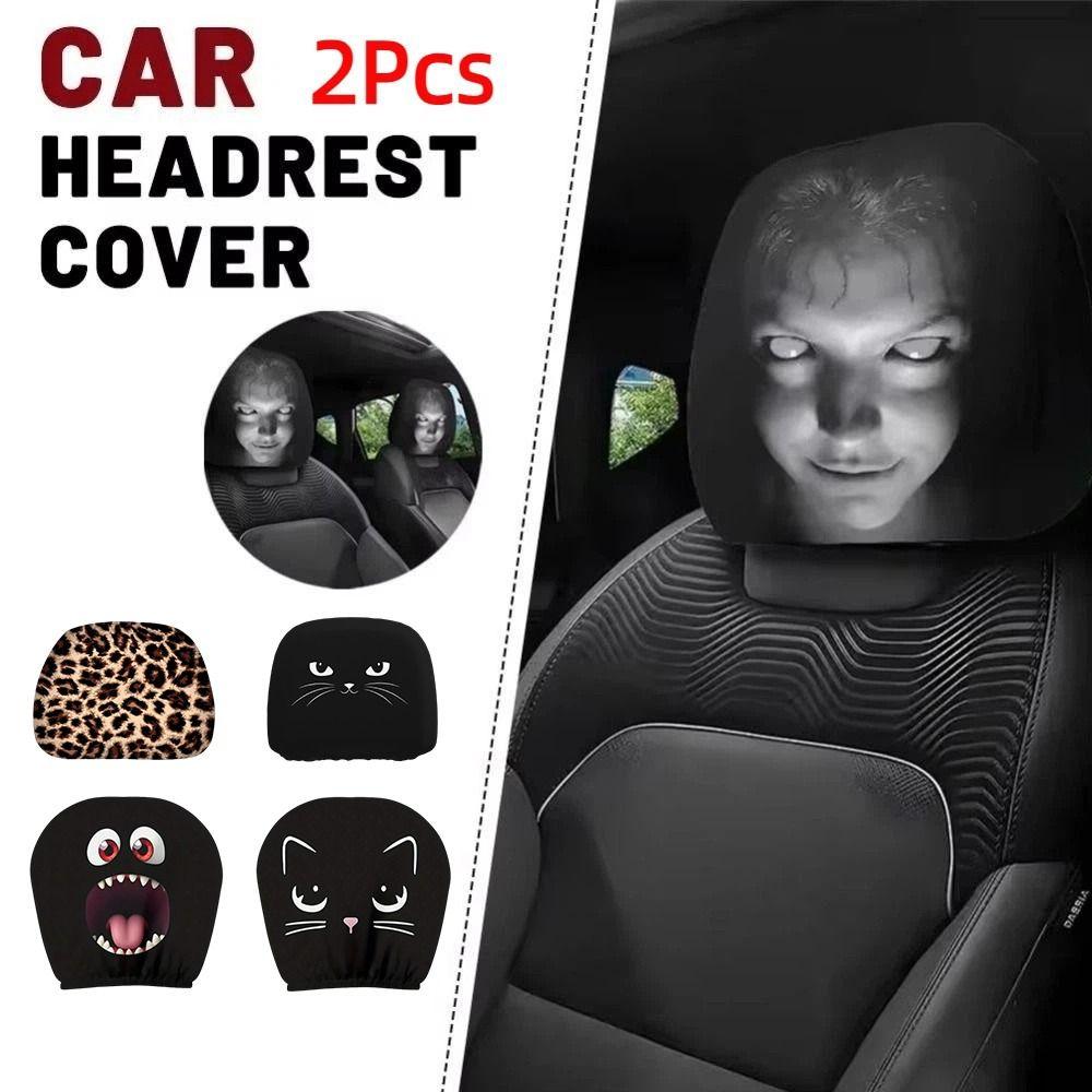 2Pcs Funny Face Expressions Car Pillowcase Exaggerated Car Seat Headcover Automobile Interior
