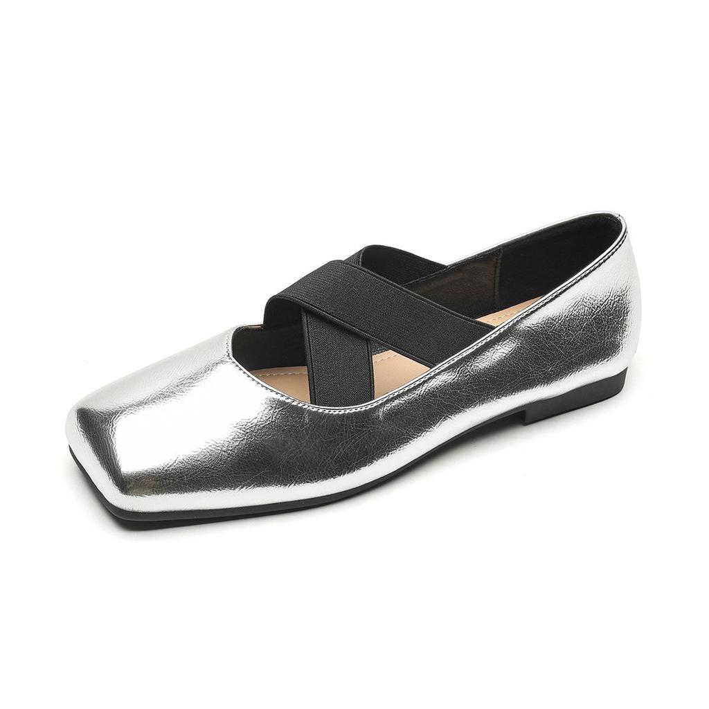 Weiwei Girl Silver Ballet Shoes: Retro Cross Strap Single Shoes with Soft Sole, Square Toe, Shallow Mouth for Women.