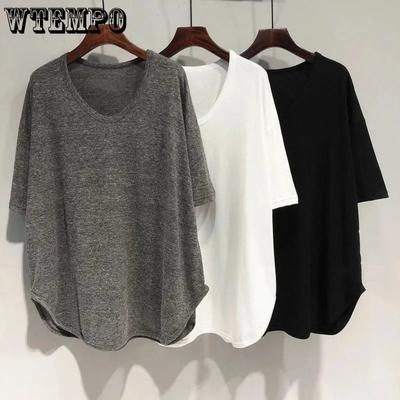 Women Spring Summer Curved Hem Korean Loose Mid-length V-Neck T-Shirts Short Batwing Sleeve Casual Solid Thin Tops