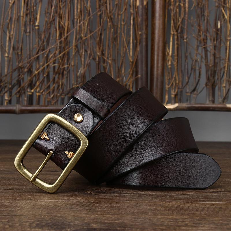 Men's Vintage Vegetable Tanned Leather Belt Brass Buckle Youth Belt Men's Casual All-Matching Trendy