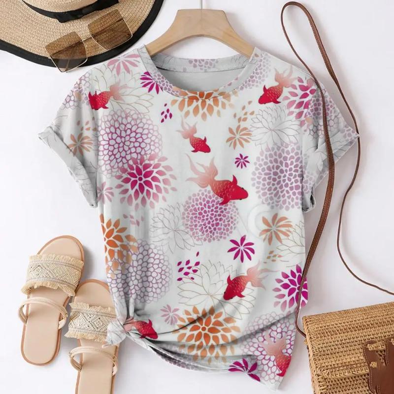 Camisetas Estampadas 3D de Verão Peixe Koi Mulheres Streetwear Moda Casual Harajuku Y2k Camiseta de Manga Curta Gola O Tops Roupas