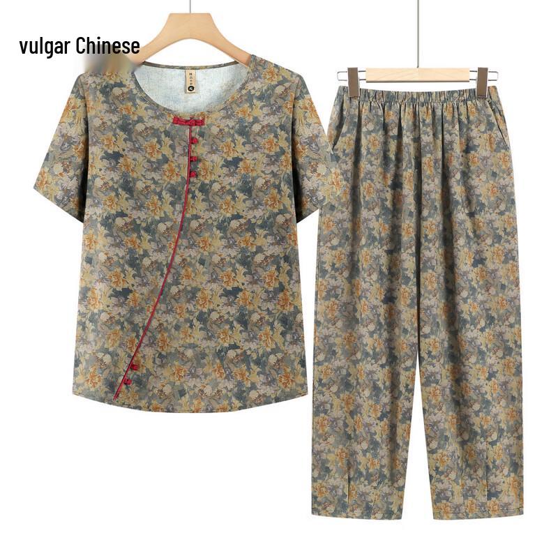 New Chinese Style Floral Summer Two-Piece Set 2XL