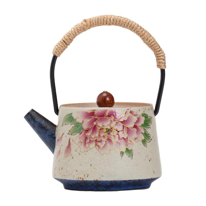 Creative red peony beam pot ceramic tea kettle single pot high-end exquisite personal teapot kung fu tea set