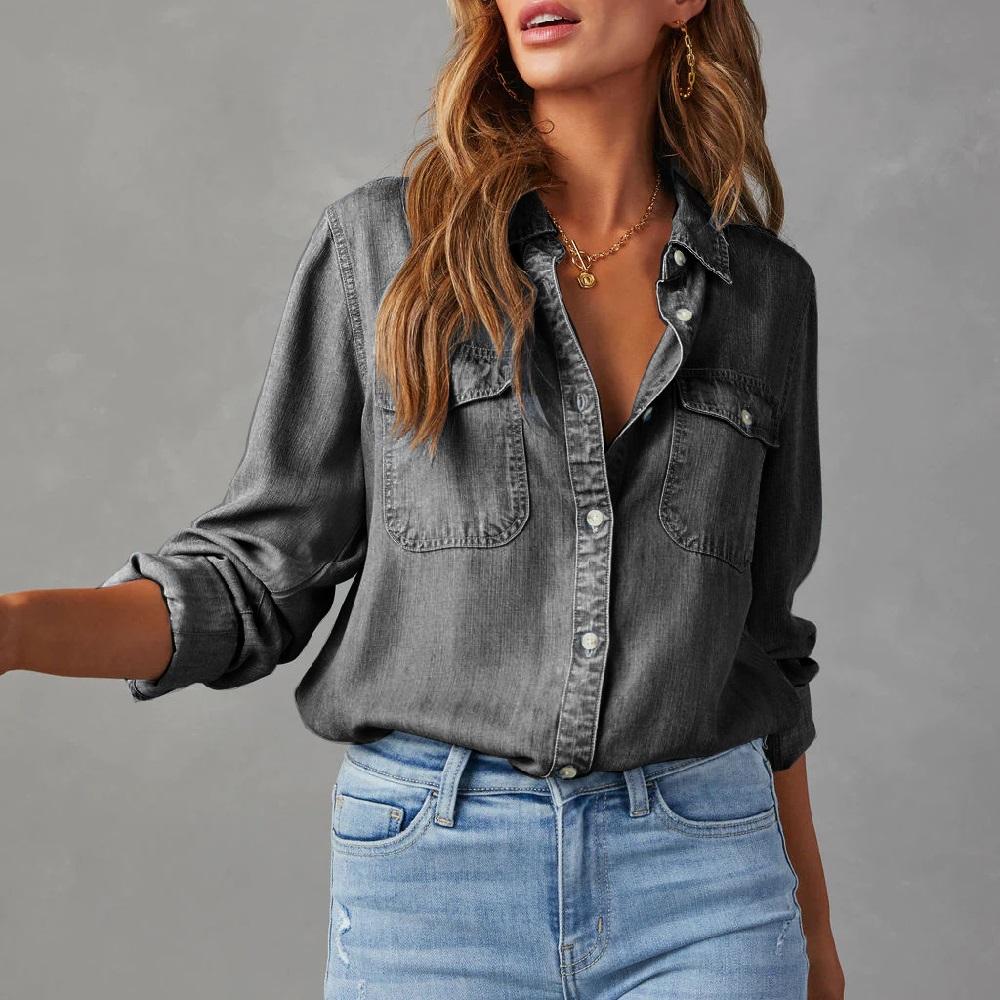 Women Denim Shirts Solid Color Turn Down Collar Long Sleeve Jean Blouses Single Breasted Loose Casual Tops Streetwear