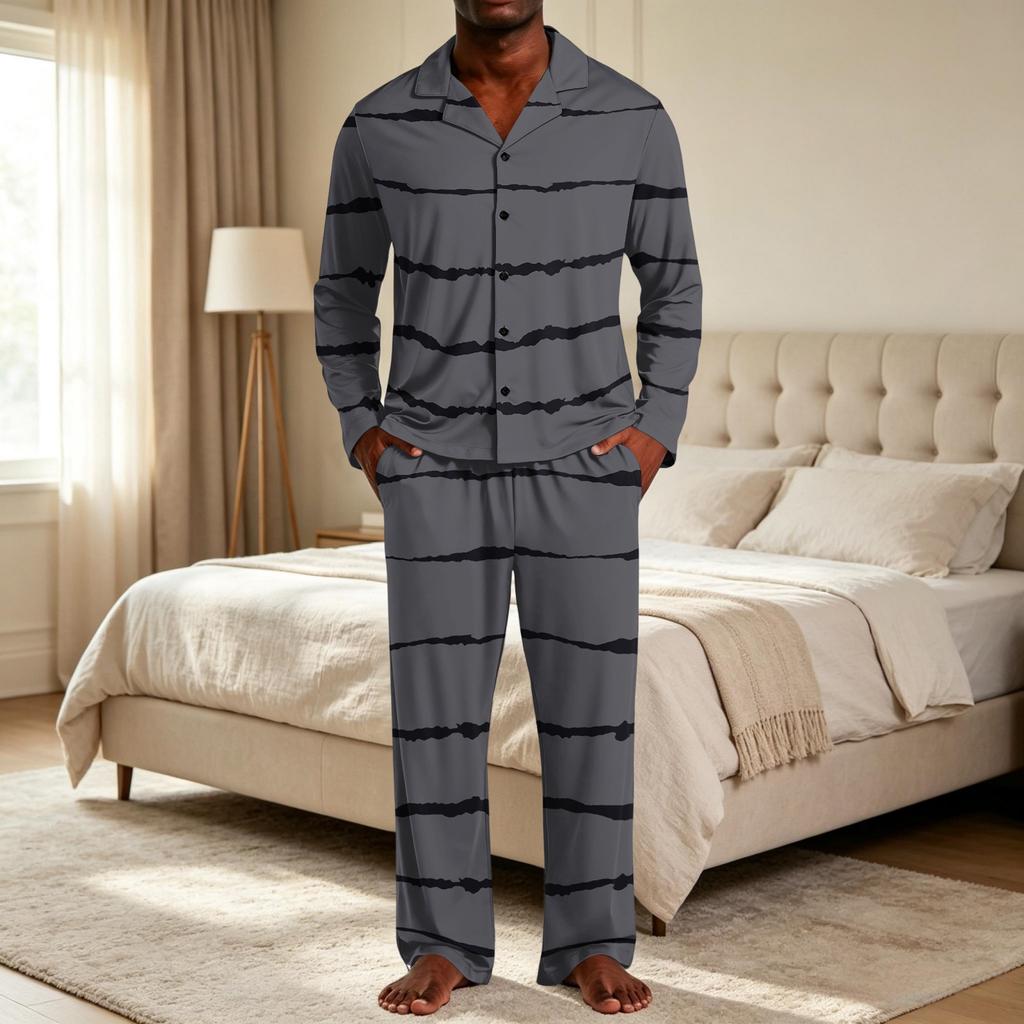 Men's Striped Pajama Set with Button Down Shirt and Pants - Loose Fit Casual Two Piece Sleepwear