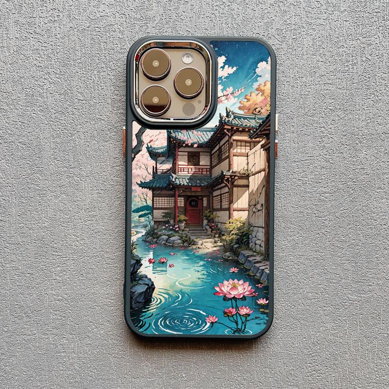 Vintage Oil Painting House Phone Case For iPhone 16 15 14 Pro Max 11 13 12 Pro MAX 7 8 Plus XR X Flower Courtyard Silicone Cover