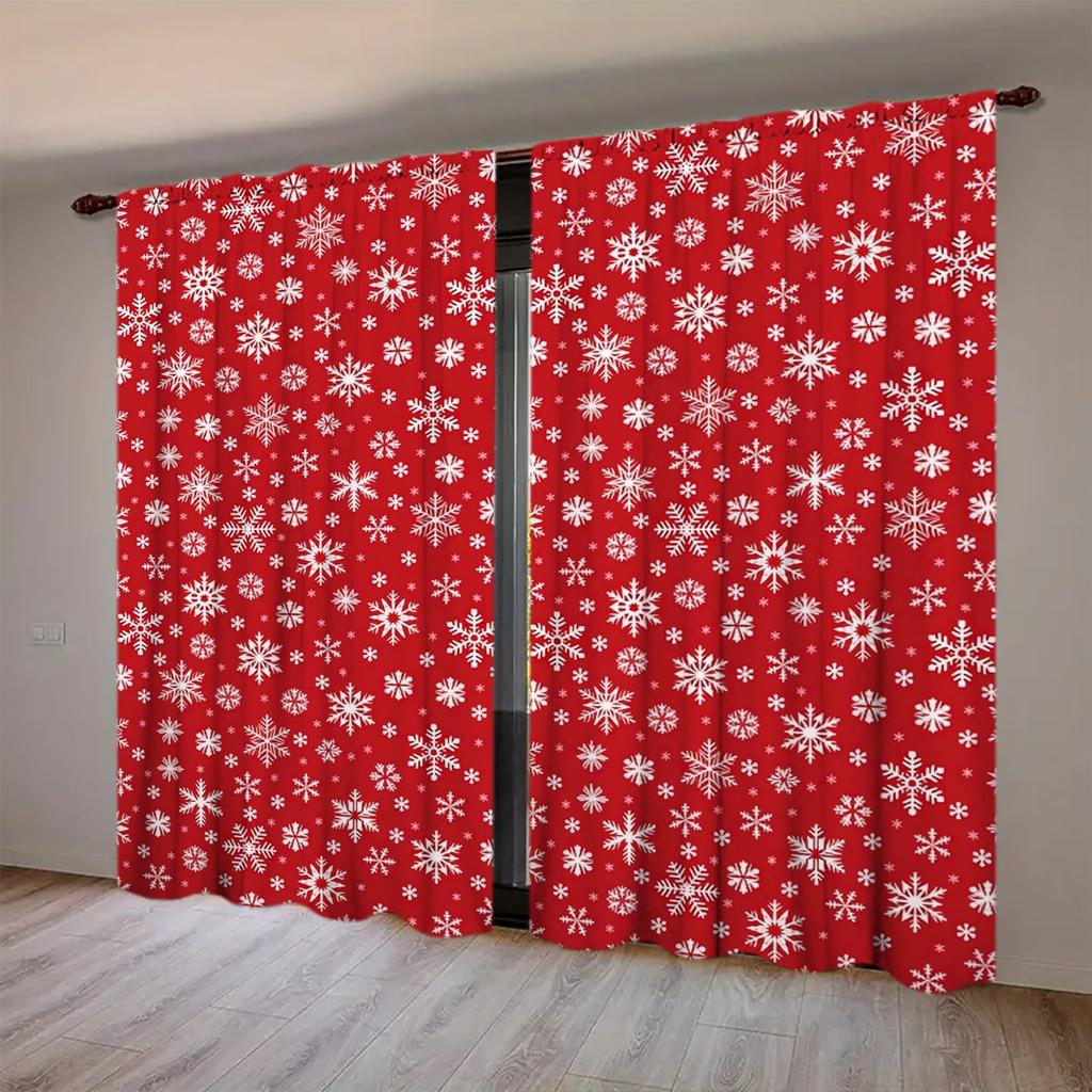 2pcs Christmas Atmosphere Printed Curtain for Christmas Home Decor - Rod Pocket Window Treatment for Bedroom, Office, Kitchen