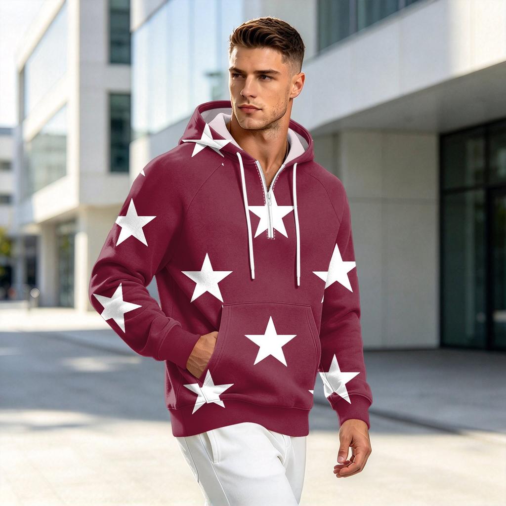 Men's Fall Print Zip-Up Hoodie, Casual Loose Fit Long Sleeve Sweatshirt Top