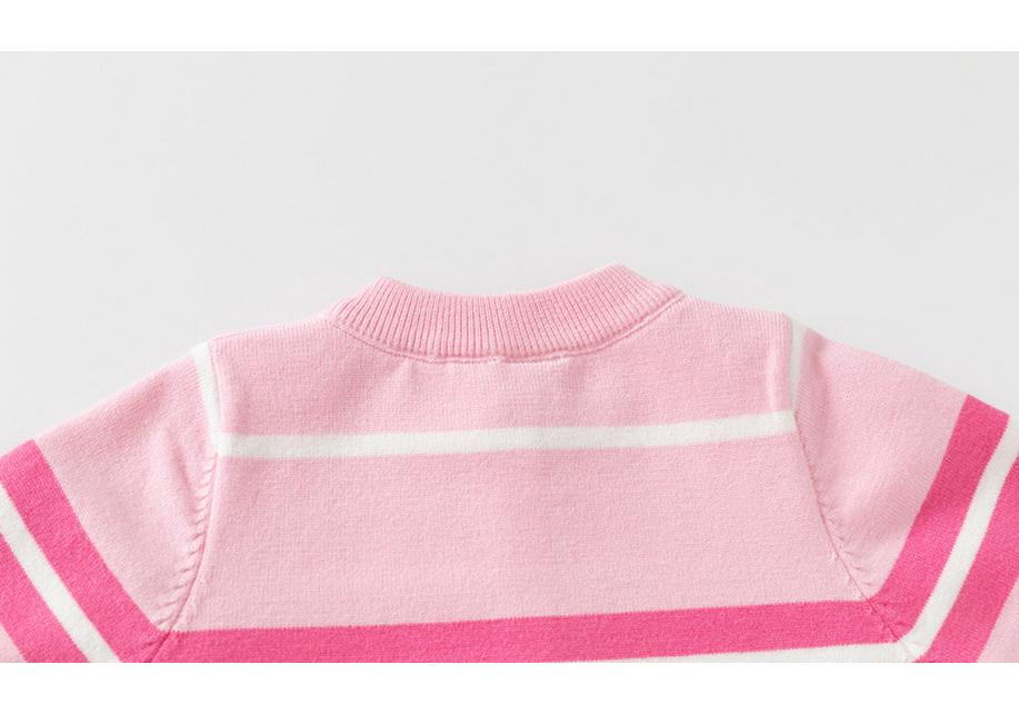 2026 Autumn Kids' Pink Striped Knit Cardigan – Girls' Single-Breasted Sweater