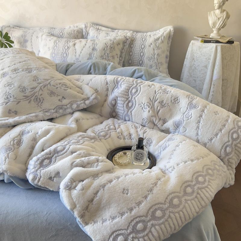 3D Three-Dimensional Thickened Rabbit Hair Carved Fleece Milk Fleece Four-Piece Single Quilt Cover