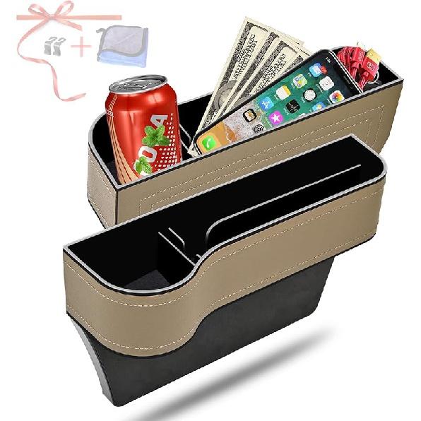 Car Seat Gap Filler Organizer, 2 Pack Multifunctional Car Seat Organizer, Auto Console Side Storage Box with Cup Holders 2 Seat Hooks for Drink, Car