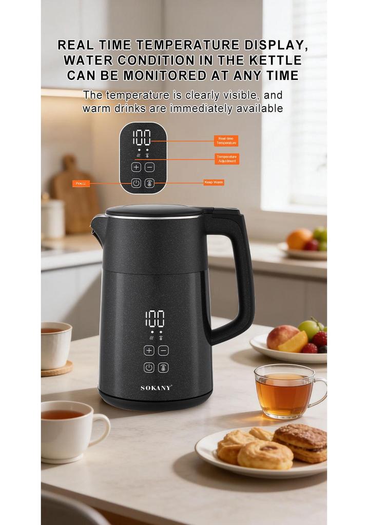 European Standard 2200W Electric Kettle, 1.7L Capacity, Touch Screen, 304 Stainless Steel, Rapid Heating.