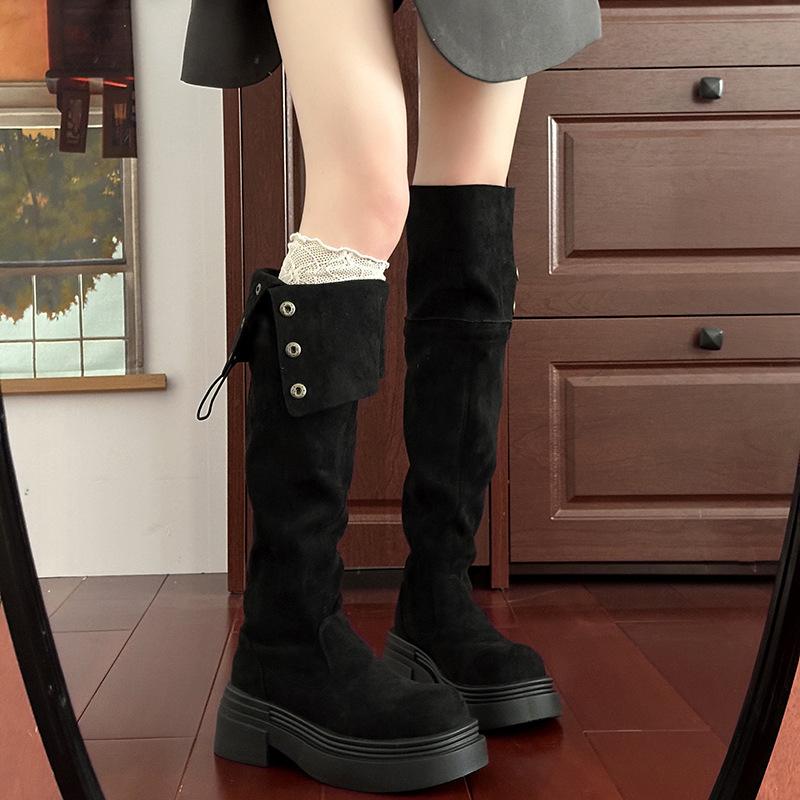 Two wear folded high knee-length boots women's thick-soled autumn and winter new thin medium tube high tube stacked knight boots
