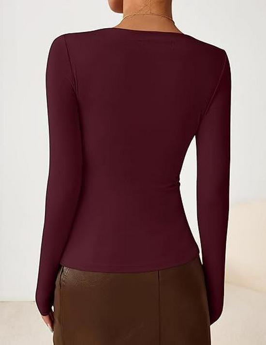 European V-neck Slim-fit Women's Long-sleeve T-shirt - Casual Solid Color, Spring/Autumn Fashion 2025.