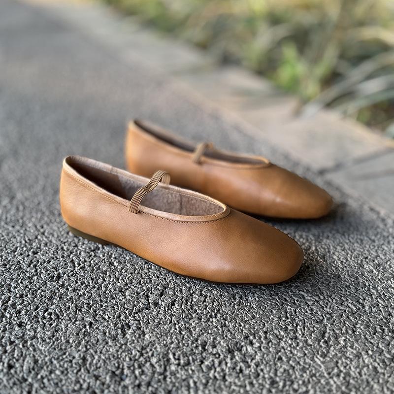 Johnature Genuine Leather Shallow Elastic Band Women Flat Shoes Versatile Round Toe Solid Color Slip-on Shoes
