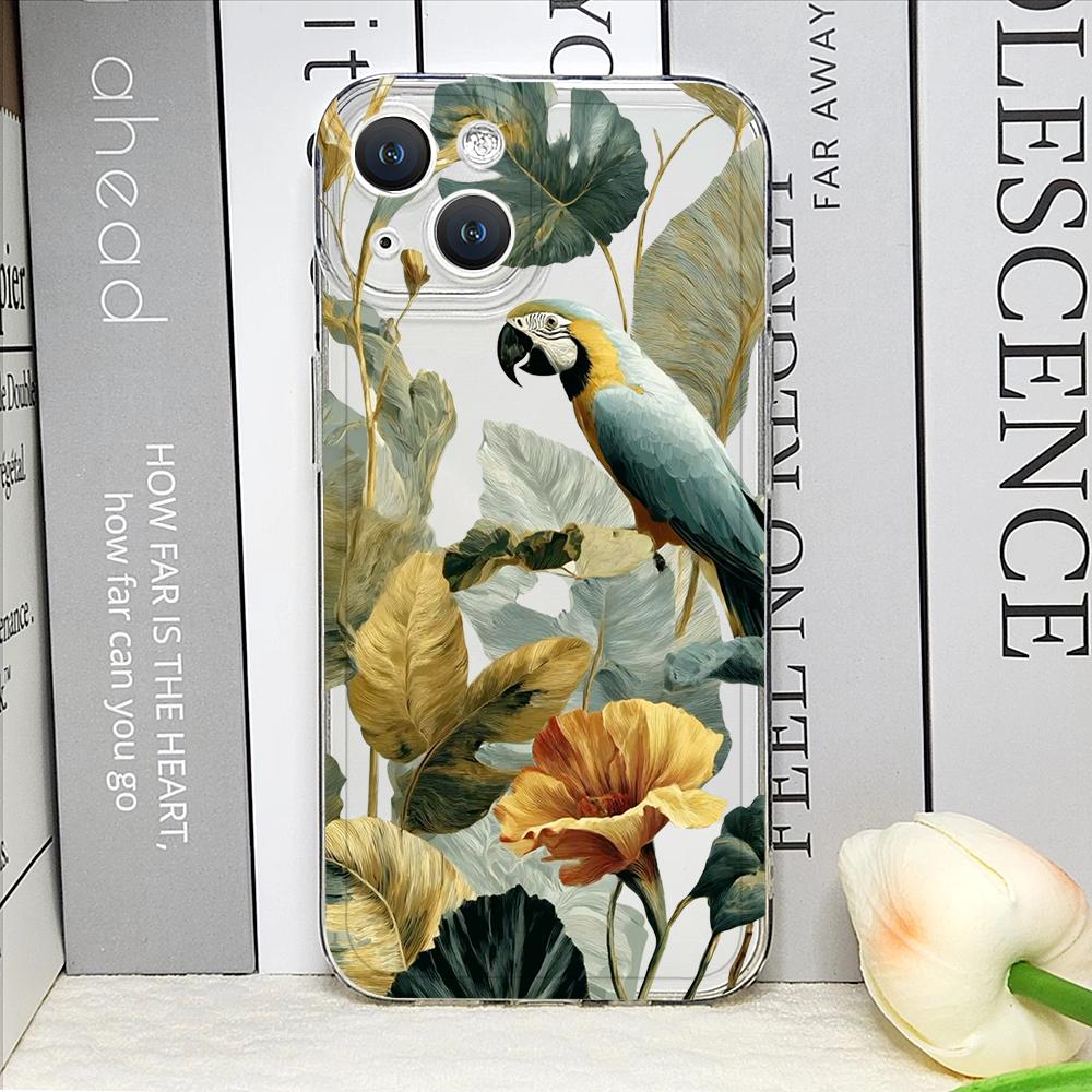 Cartoon Monstera Leaves Palm Tree Flowers Bird Phone Case for iPhone 17 16 15 14 11 12 13 Pro Max Mini 7 Plus X XS XR Soft Cover