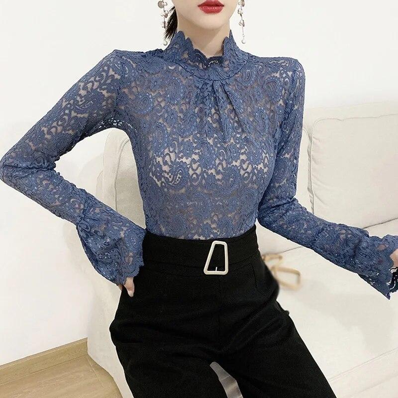 Dámský krajkový top Košile Slim Fit Základní vrstva Tričko Ležérní Tričko Podzimní Oblečení Volný rukáv Poloviční rolák