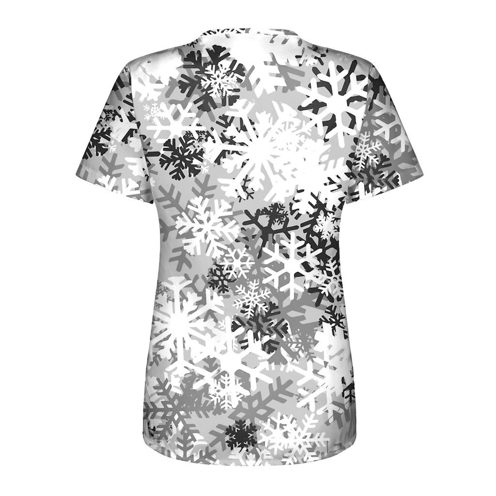Women's Chirstmas Printing Short Sleeve V-neck Tops Working  Pocket Blouse
