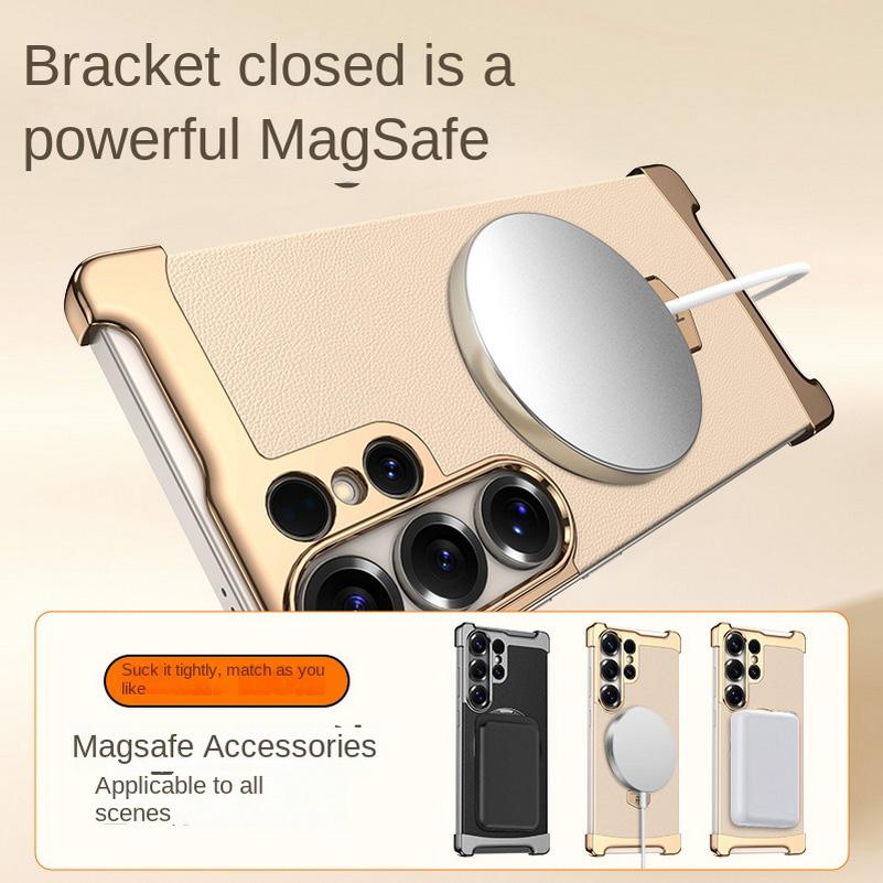 Bezelless Plating Plain Skin Metal Rotating Magnetic Ring Holder Case For Samsung S25 Ultra Galaxy S24 Ultra Protect Cover