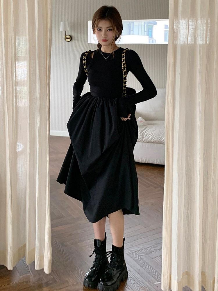 Hepburn style hollow knitted long-sleeved dress women's spring and autumn new design sense niche temperament slim and thin long dress