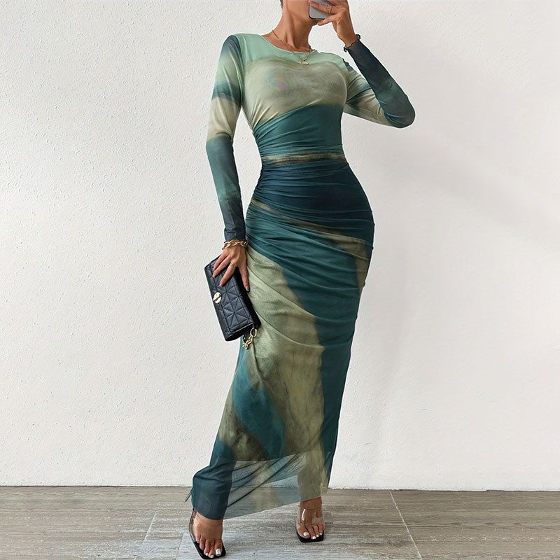 Pleated Round Neck Dress Fancy Women's Tie-Dye Ruched Silm round-Neck Long-Sleeved Dress